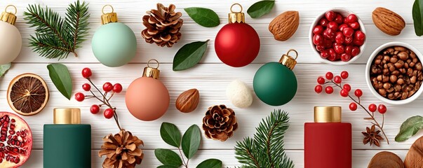 Festive christmas decorations with pine cones berries citrus and greenery on a white wooden background