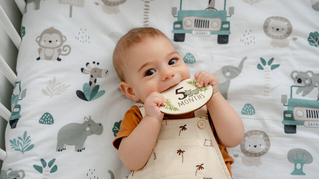 Baby with milestone card on safari-themed bedspread