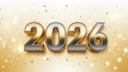 happy new year, new year's eve, silvester, new year, sparklers celebration greeting card, new year card - Year 2026 in sparkler font and firework fireworks pyrotechnic, on blue night sky background