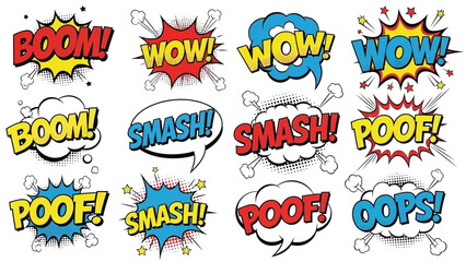 Colorful comic book speech bubbles with onomatopoeia words for dynamic design elements