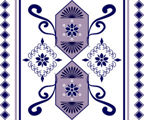 Seamless blue and white winter holiday background pattern illustration with floral ornaments and snowflakes for Christmas card design.Native American tribal fabric. picture books, Wallpaper, cards