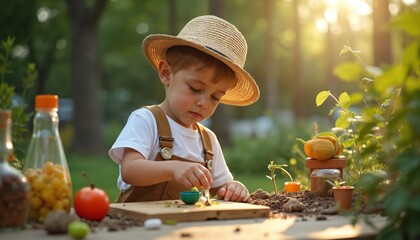 Young boy in straw hat and overalls plants seedlings in garden soil. Curious child learns about nature and growth outdoors with small plants and gardening tools.