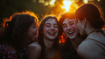 Diverse Group of Friends Laughing Hysterically at Sunset