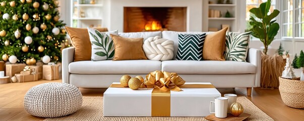 Obraz premium Cozy living room with Christmas tree, fireplace, and modern neutral decor for festive home warmth