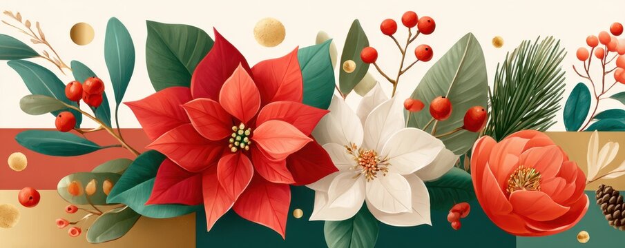 Christmas themed floral arrangement with poinsettia, berries, apple and white and orange blooms in gold bordered banner