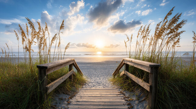Wooden boardwalk path leading to a pristine sandy beach with ocean waves and sea oats at sunrise, symbolizing tranquility and new beginnings - Powered by Adobe
