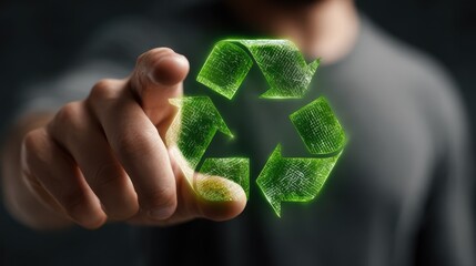 a person interacts with a digital recycling symbol emphasizing technologys role in promoting sustainability and environmental awareness