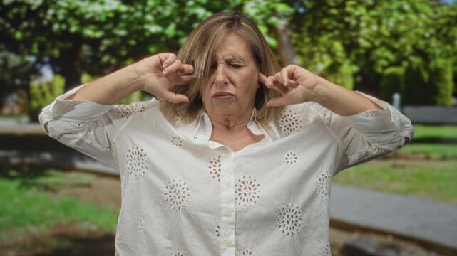 Woman in white eyelet blouse covers her ears with fingers while grimacing among trees in forest; annoyance irritation distress upset.
