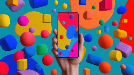 hand holding smartphone on vibrant background with colorful floating 3d shapes