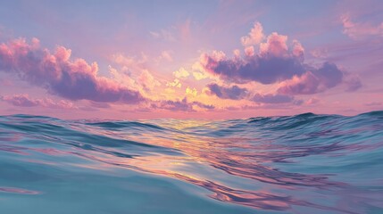 vivid digital painting of ocean waves at sunset pastel sky reflected on water surface calm peaceful scene