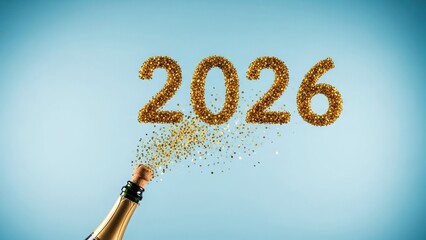 happy new year, new year's eve, silvester, new year, sparklers celebration greeting card, new year card - Year 2026 in sparkler font and firework fireworks pyrotechnic, on blue night sky background