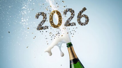 happy new year, new year's eve, silvester, new year, sparklers celebration greeting card, new year card - Year 2026 in sparkler font and firework fireworks pyrotechnic, on blue night sky background