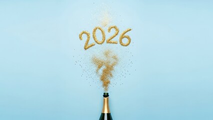 happy new year, new year's eve, silvester, new year, sparklers celebration greeting card, new year card - Year 2026 in sparkler font and firework fireworks pyrotechnic, on blue night sky background