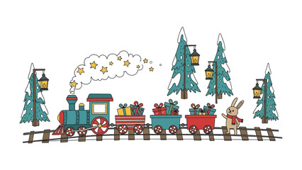 Festive Christmas Train: A whimsical train laden with gifts chugs through a snowy landscape, carrying a sense of wonder and excitement, evoking the spirit of the holiday season. © Tahura