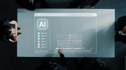 A dynamic scene of business professionals collaborating using AI technology displayed on a transparent screen, highlighting innovation and teamwork in a modern office. Raster - Powered by Adobe