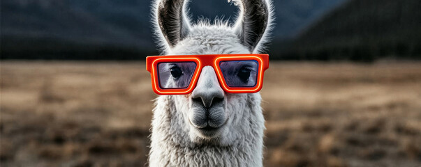 Llama with vibrant neon rimmed glasses, creating a fun visual of a trendy animal with a distinctive, cool character