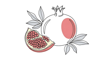 Minimalist continuous line art drawing of a whole pomegranate fruit and a slice with soft color accents