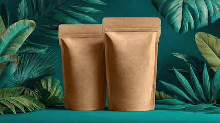 two kraft paper coffee pouches surrounded by tropical leaves on a teal background