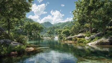 Fototapeta premium serene landscape of a calm river surrounded by lush green forests under a bright sun and clear blue sky in natures tranquil haven
