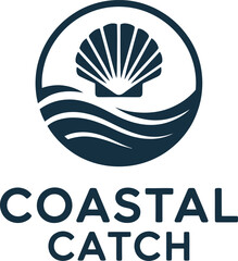 Coastal catch logo with stylized scallop shell and ocean waves