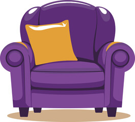 Comfortable purple armchair with yellow pillow, cozy vector illustra