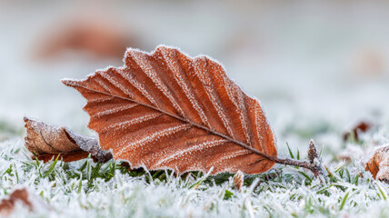 Dried leaf covered in ice crystals and frost on green grass, highlighting cold weather and seasonal change during winter
