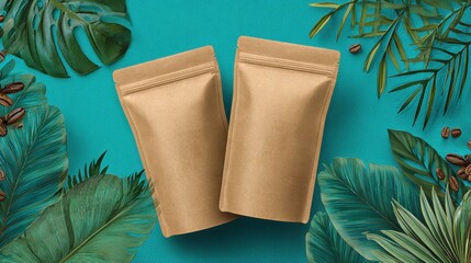 two kraft paper coffee pouches surrounded by tropical leaves on a teal background