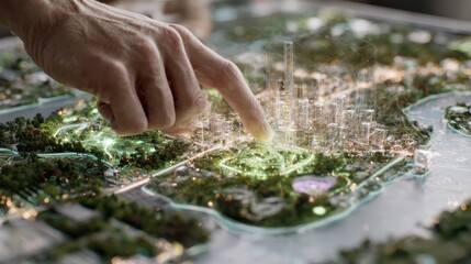 closeup of planner interacting with 3d holographic city model highlighting potential parks and ecoprojects emphasizing digital urban analytics environmentally conscious planning and immersive