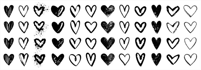 Hand drawn grungy hearts set. Brush chalk marker linocut ink splashes heart shapes. Artistic lines silhouettes outlines. Valentine's day uneven textured doodle templates. Graphic elements collection