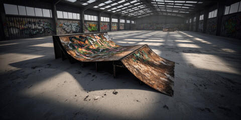 Derelict skate ramp sitting in an abandoned industrial warehouse, colorful graffiti art covering walls and decaying surfaces