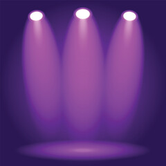 Three vibrant purple spotlights illuminating an empty stage, creating a dramatic and captivating atmosphere for any event