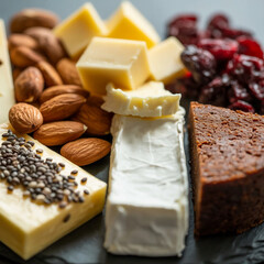 Assortment of gourmet cheeses with nuts and dried fruit