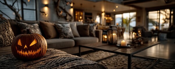 Obraz premium Cozy living room scene with pumpkin jack-o-lanterns, candles and warm autumn lighting