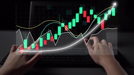 A close-up view of hands on a laptop keyboard while analyzing stock market data with vibrant candlestick charts, trendlines, and financial indicators demonstrating growth. Copula - Powered by Adobe