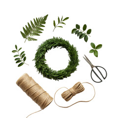 Diy wreath making supplies including greenery scissors twine and a wreath form