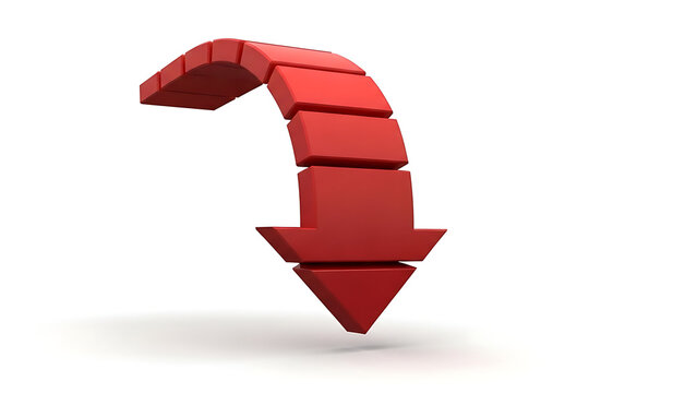 Three dimensional segmented red arrow curves downward indicating a sharp decline or negative trend in business