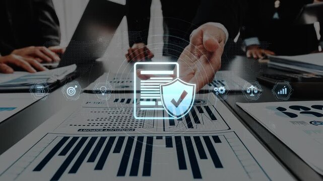 Modern business environment showcasing collaboration with a focus on cybersecurity and data protection. A digital shield symbolizes the importance of data integrity in analytics. Raster