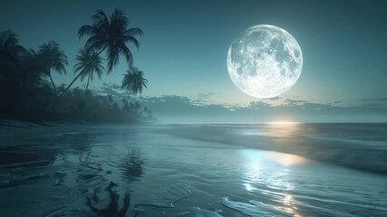 Tranquil night beach scene with full moon and silhouetted palm trees