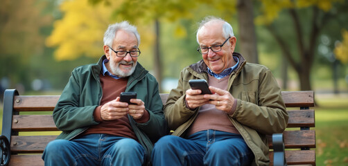 Two senior men use smartphones on bench. Friends relax in park, looking at screens. They wear glasses and jackets enjoy online content in retirement together using tech.