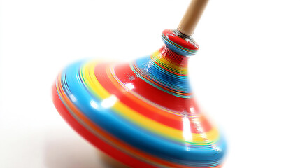 Colorful spinning top toy rapidly whirling, creating a blur of vibrant red, blue, and yellow stripes on a white background