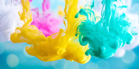 Vibrant ink plumes mixing in water, creating abstract shapes and colorful liquid motion with bokeh light background