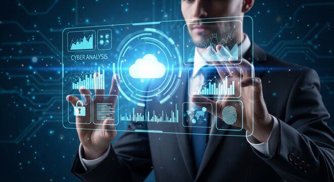 Businessman Touching Virtual Interface with Cloud Computing and Cyber Security Icons Represents Digital Transformation and Big Data Management