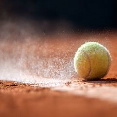White powder rising from the clay court surface as a tennis ball falls