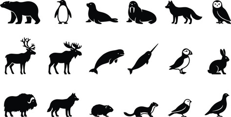 North pole and tundra creature black glyph icons. Walrus, narwhal, and snowy owl symbols with muskox vector set.  © ArtMint