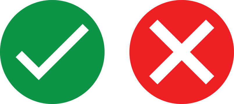 green checkmark and red x cross icons in circles for yes no approval rejection decision isolated on white background.