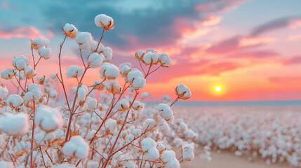 Cotton field with bolls ready for harvest, warm sun setting over a vast agricultural landscape