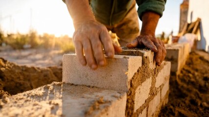 Close view of mason hands laying bricks and spreading mortar on construction site illustrating manual labor building skills and traditional craftsmanship in warm sunset light