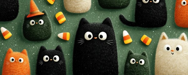 Playful pattern of black cats with candy corn and witch hats in a festive Halloween scene
