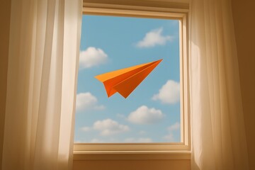 Orange paper plane flying through window with blue sky
