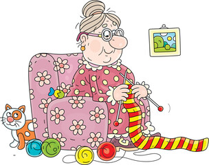 Cute granny with a funny cat sitting in her cozy soft armchair and knitting a long striped scarf for a long cold winter, vector cartoon illustration on a white background